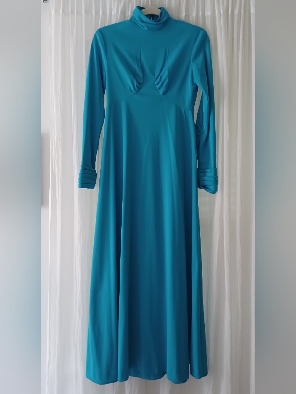Vintage 70s Bright Blue Fitted High Collar Maxi Dress